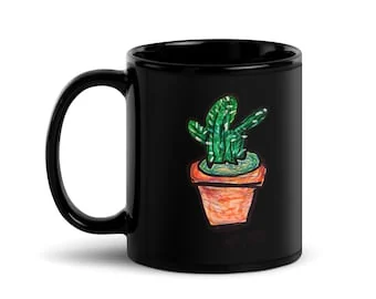 İlker Ortaçによるサボテンのイラスト 黒い陶器のマグカップ、11 oz